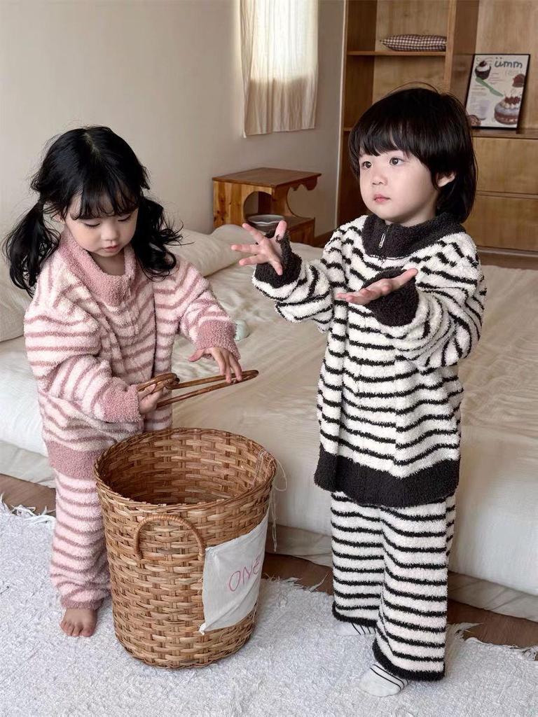 Kids' Coral Fleece Pajamas: Striped Zipper Parent-Child Set for Autumn and Winter