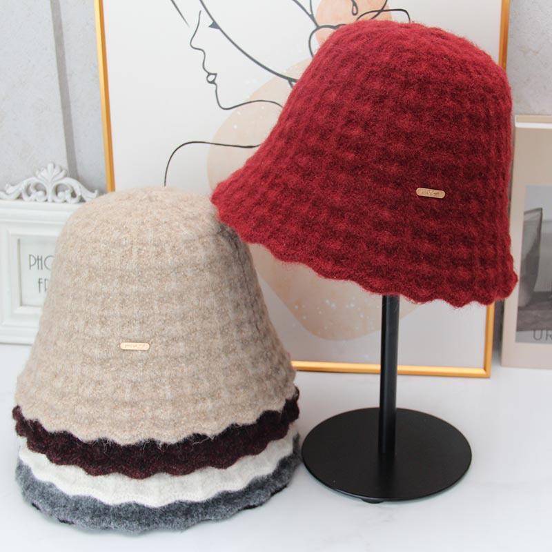Autumn and winter wool wavy edge bucket hat women's gentle texture basin hat shows small face knitted bucket hat versatile