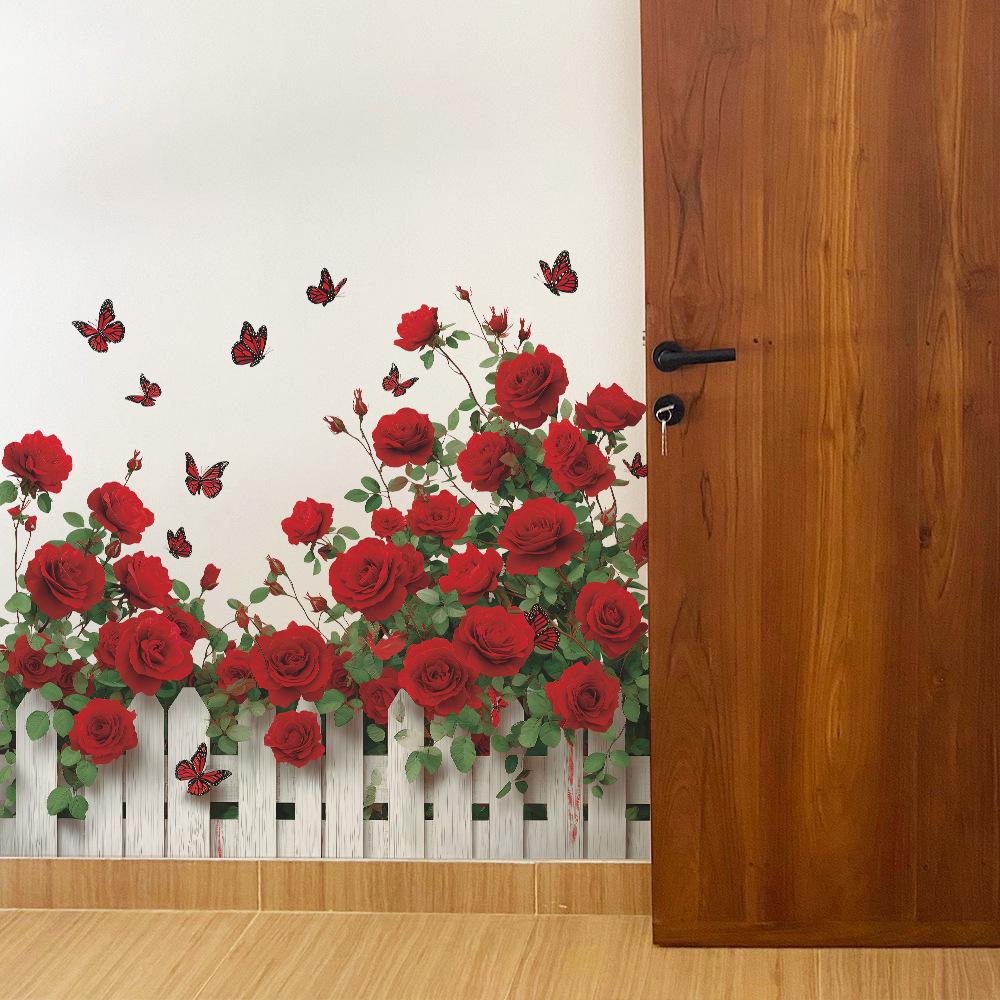 Watercolor Rose Fence and Butterfly Entrance Hall Dining Room Home Background Wall Decoration Stickers