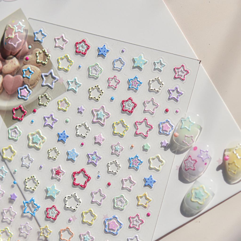 5D Candy Nail Decals Macaron Tone Solid Hollow Star Line Polka Dot Gradient Pentagram Self-adhesive Nail Stickers Daily