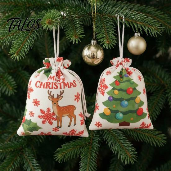 Christmas Eve Gift Wraps 2Pcs Drawstring Bags, Xmas Tree Reindeer Printed Candy Treat Family Party Holders Pouches, Reusable Fabric Holiday