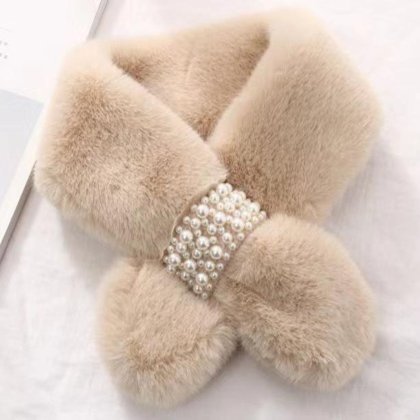 Korean Style Thickened Warm Plush Pearl Scarf - Autumn & Winter Cross Neck Warmer for Girls