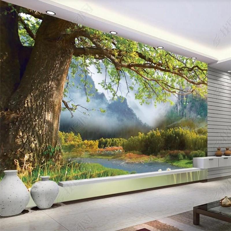 Custom Size Oil Painting Natural Big Tree Landscape Scenery 3D Wall Paper Home Decor Mural Bedroom Decor Self-adhesive Wallpaper
