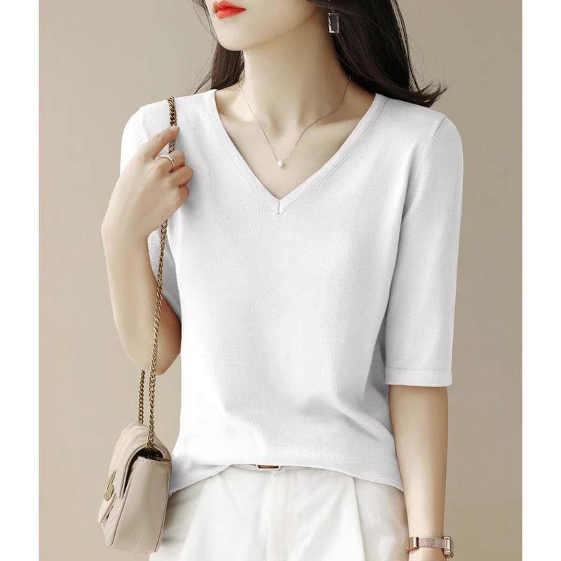 

Зеленая футболка с V-образным вырезом, рукавом до локтя, открытыми плечами, из ледяного шелка White L