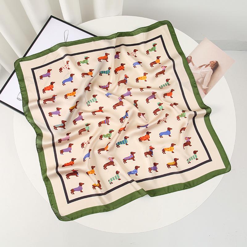 Süßer kindlicher Cartoon-Welpe 71 × 71 Seidenschal quadratischer Schal Damen Druck Atmosphäre dekorativer Schal Satinschal Damen