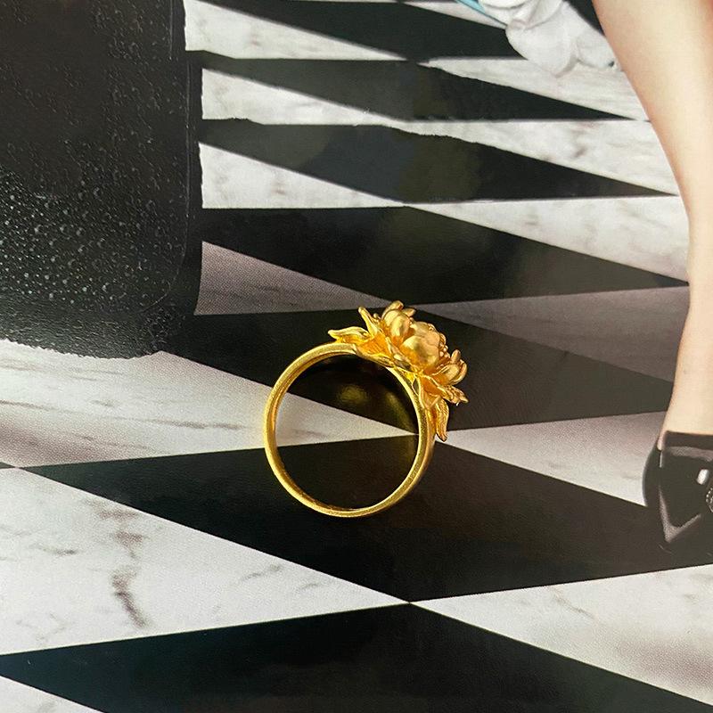 24K Ancient Gold Zircon Lotus Open Ring, New Chinese Light Luxury Exquisite Design Ring, Personalized Niche Jewelry