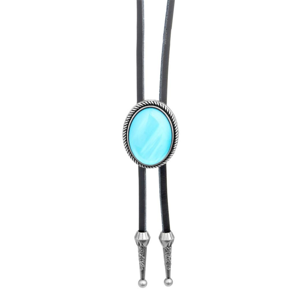 Unisex Vintage Oval Shape Stone Pendant Bolo Tie Western Faux Leather Rope Necktie Jewelry Shirt Collar Chain Necklace