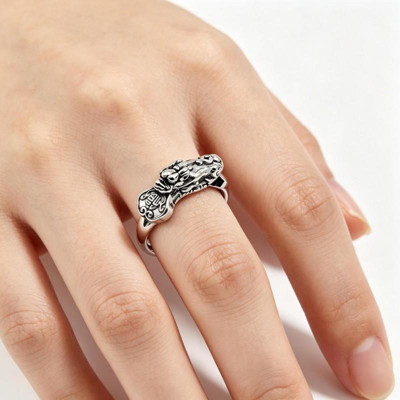 Adjustable Vintage Pixiu Ring With Antique Copper Finish Embossed Coin Fu Character Unisex Retro Chinese Style Jewelry
