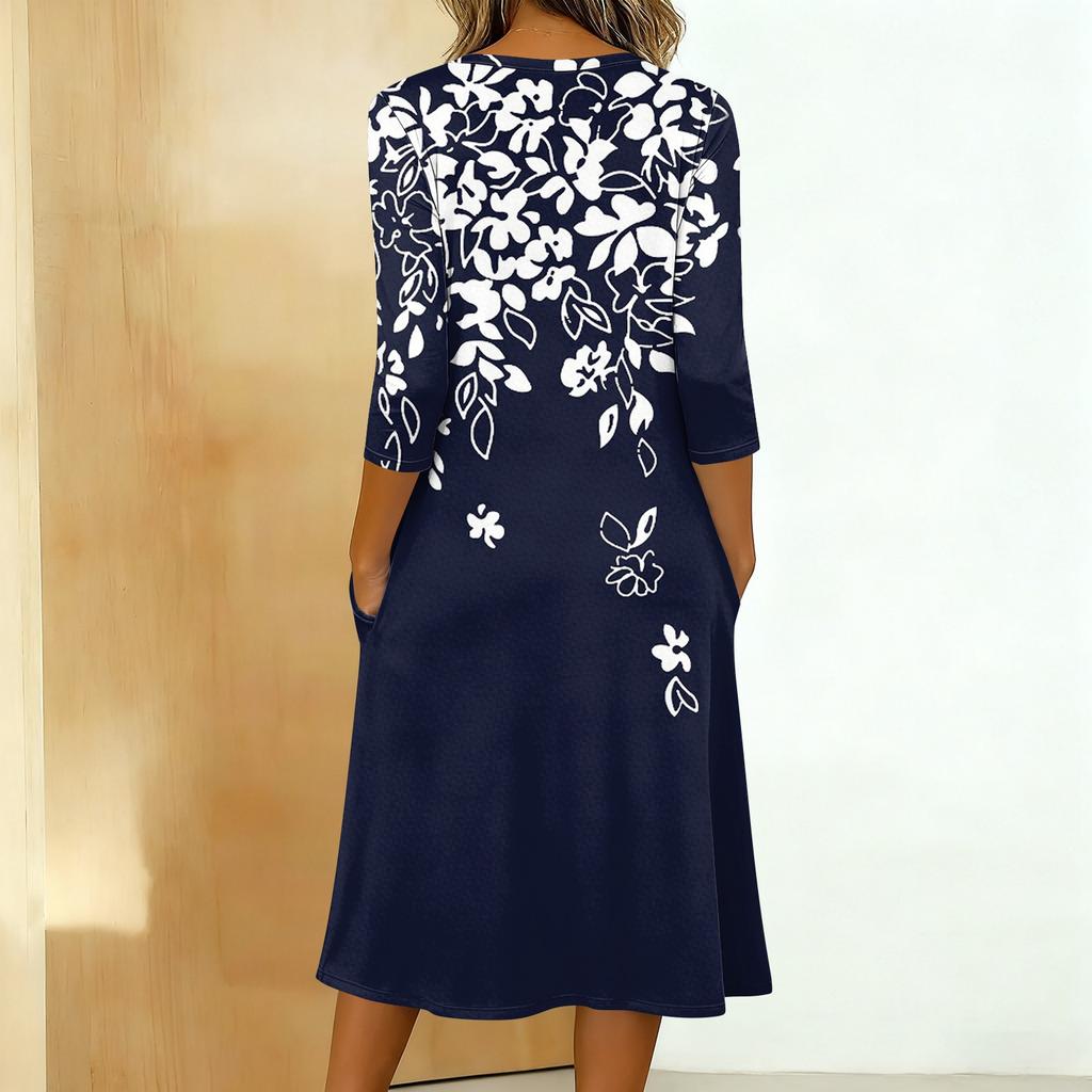 Women's Fashionable Color Printed Round Neck 3/4 Sleeve Button Collar Mid Length Casual Dress