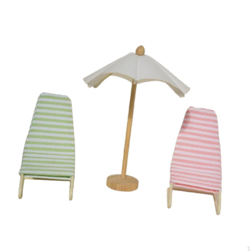 3 Pack of Beach Chair and Umbrella for 1:12 Dollhouse, Mini Model Items Outdoor Settings