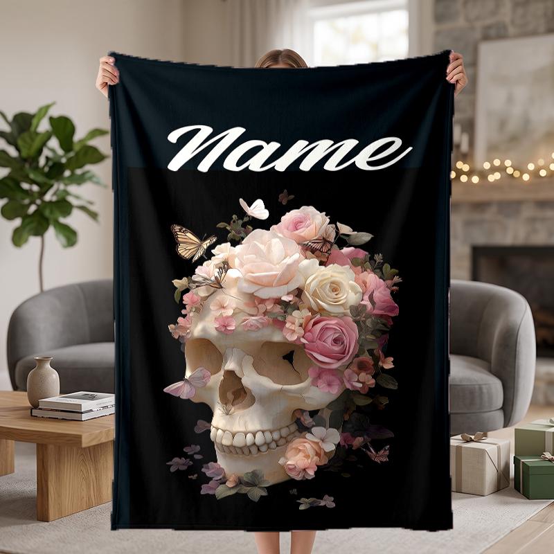 Flowers Skull Custom Flannel Blankets Soft Warm Cozy Throws for Home Decor Holiday Gifts