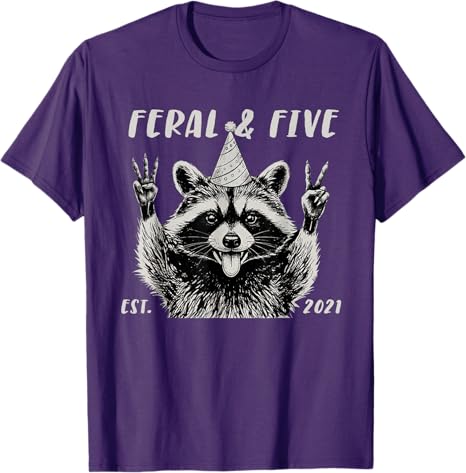 Funny Feral and Five Raccoon 5th Birthday Girls Boys TShirt Y2k 5 Years Old Cute Raccoon Graphic Saying Tee Sons Novelty Gift
