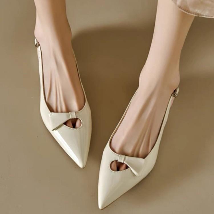 

French simple single shoes 2025 spring and summer temperament bow pointed head shallow mouth fashion sandals empty bag head single shoes women 40