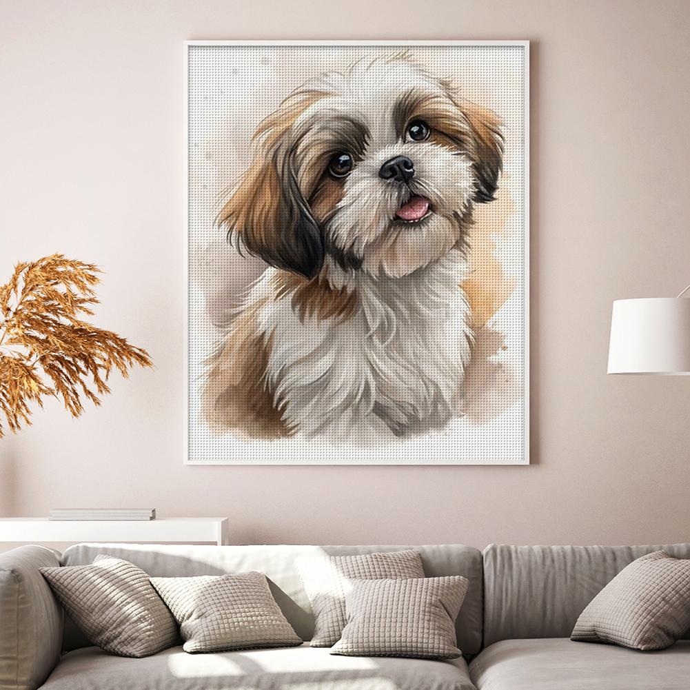 Shih Tzu Full 14CT 2 Strands DIY Counted Cross Stitch Embroidery Kits for Beginners Adults Gift Home Wall Decor 15.75x19.69in