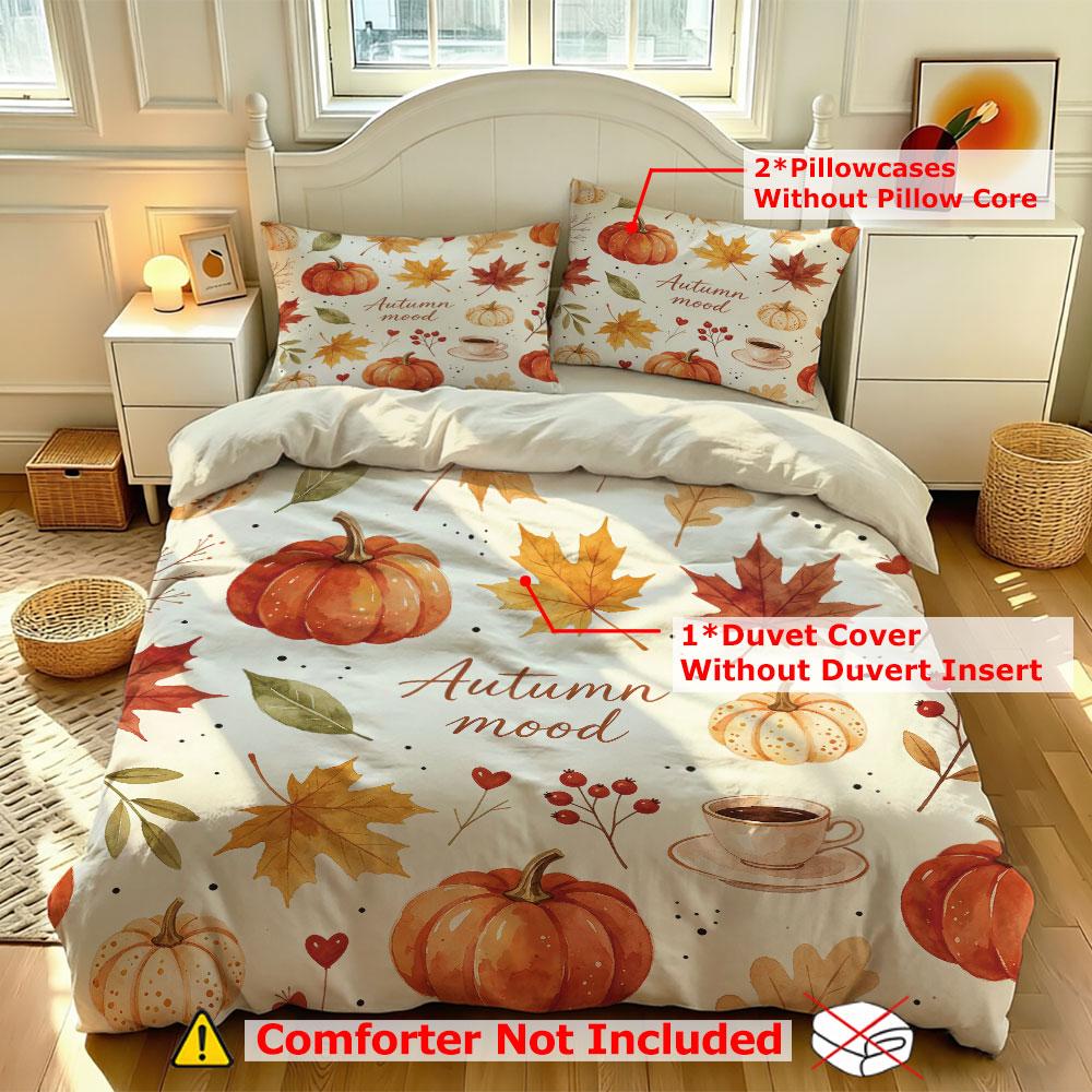 3PCS Duvet Cover Set Autumn Mood Pumpkin Maple Leaf Coffee Fall Theme Bedding Set Warm Cozy Bedroom Decor