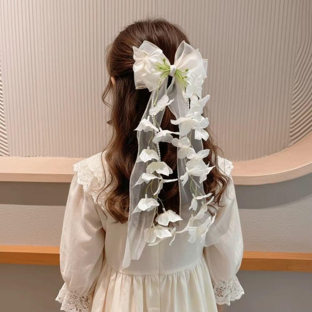 Sheer Ribbon Hair Bow Clip Flower Vine Tassels Ribbon Hair Clip Fashion Bow Hair Clip Gifts
