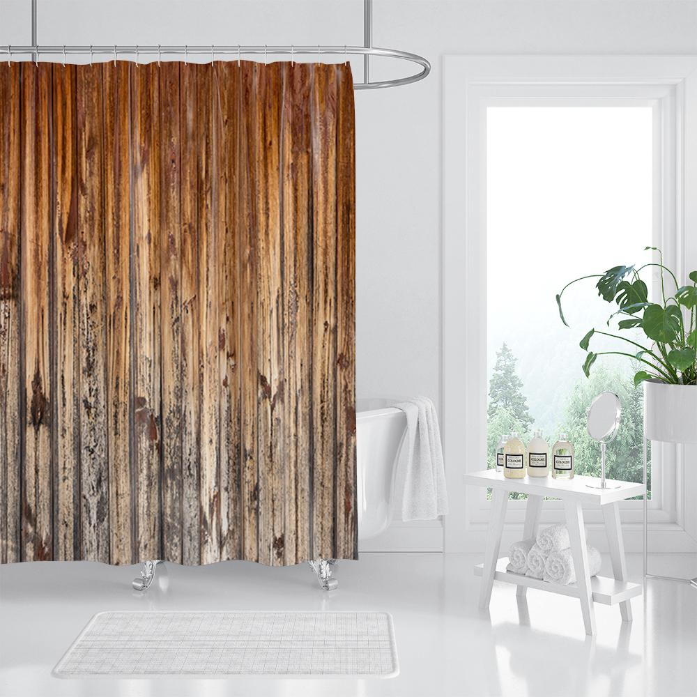 Retro Holzmaserung Duschvorhang Braun Alte Hartholzdiele Natürlich Ländlich Grafikdruck Stoff Badezimmerdekor Set Mit Haken