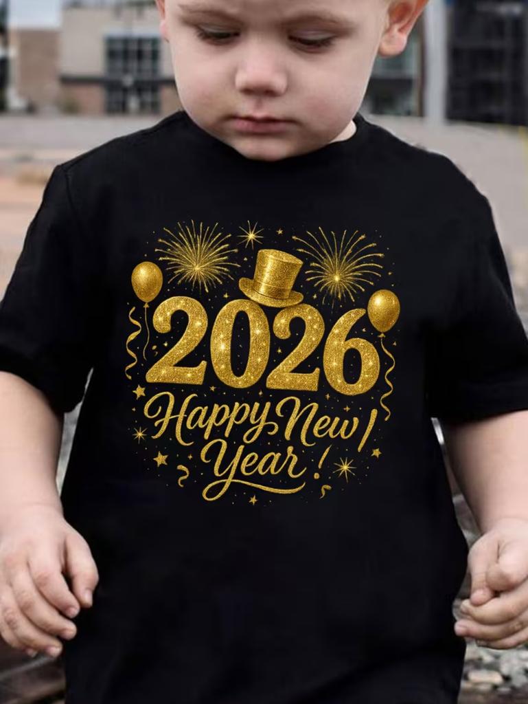 Children's T-Shirt 2026 Happy New Year Greeting Short Sleeve Casual Crew Neck T-Shirt Year of the Horse Gift Top Loose Clothing