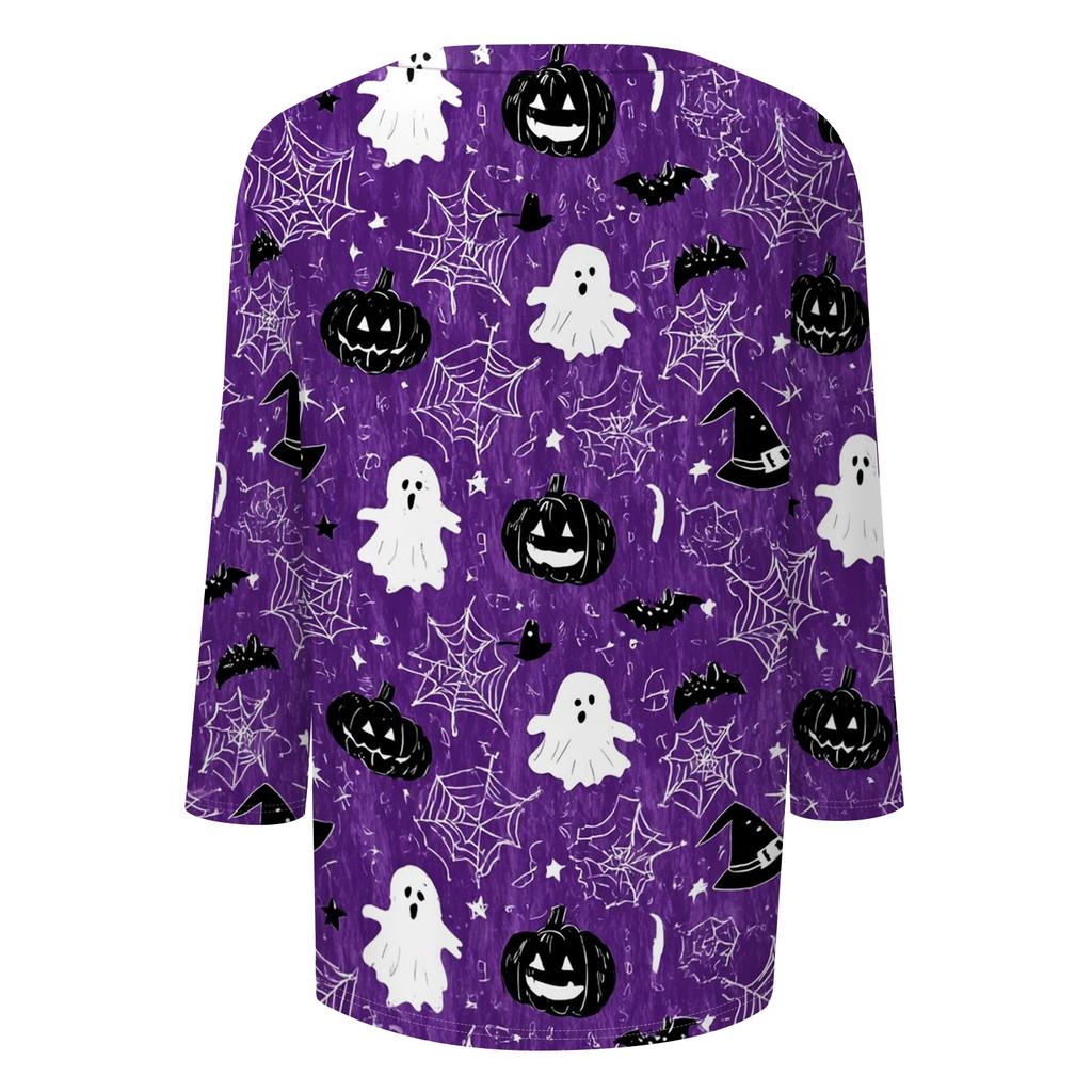 Women's Casual Halloween Print Top Three Quarter Sleeve Round Neck Pullover Shirt Lightweight Comfortable Fit for Everyday Wear