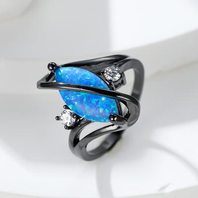 Vintage Crystal Marquise Blue Imitation Opal Rings for Women Charm Black Gold Color Wedding Bands Bridal Engagement Ring