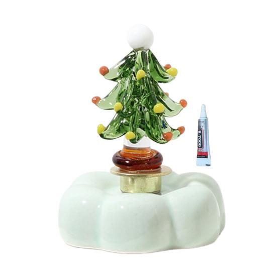 Hand Glazed Craft for Anniversary Glass Christmas Tree Figurine with Rotating Ceramic Base, Handmade Art Holiday Ornament Car Dashboard Desk Decor And