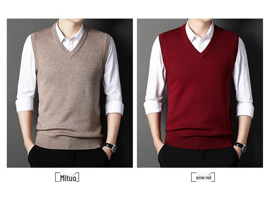 Pánská vlněná směsová bezrukávová vesta se výstřihem do V pro středního věku a starší tatínky