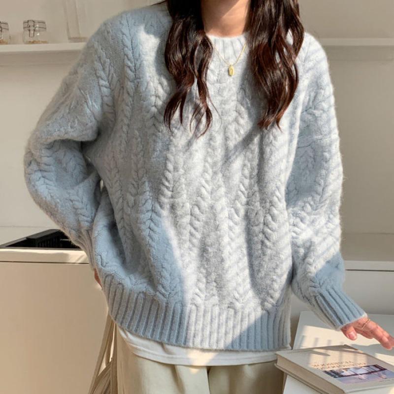 

Women s Blue Wheat Ear Pullover Sweater - 2023 Autumn/Winter Korean Style, Loose Cable Knit, Thickened and Gentle. L (100-110 jin)