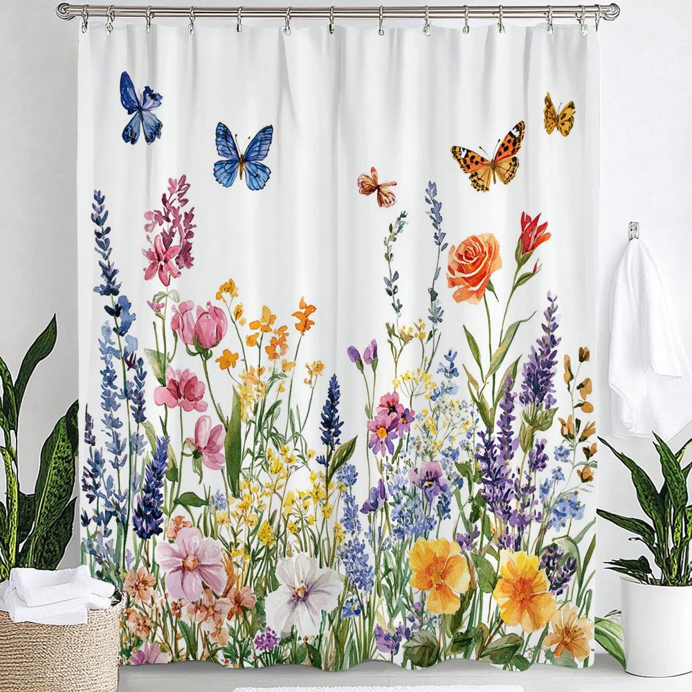 Spring Flowers Shower Curtain Floral Bathroom Curtain Romantic Refreshing Curtain, Printed Polyester Shower Curtain With Hooks