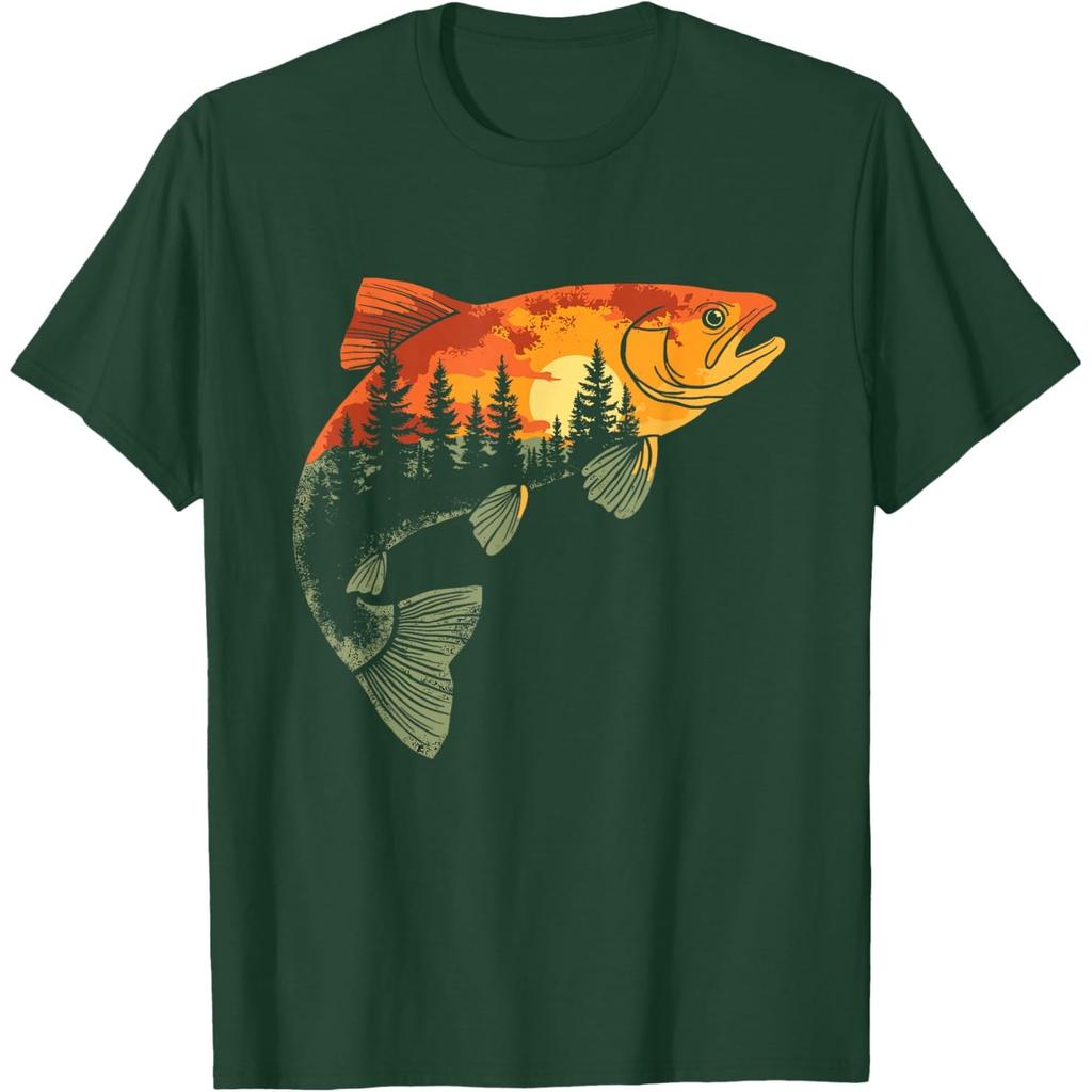 Trout Fishing Sunset Forest Graphic Tee Unisex Breathable Casual Round Neck TShirt