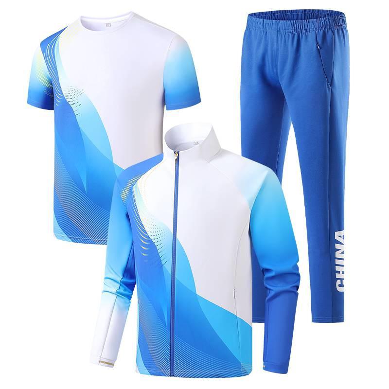 Chinese Team Wind Sports Quick-Dry Three-Piece Set: Short-Sleeved Stand-Collar Jacket, White Long Pants for Opening Ceremony Coaches.