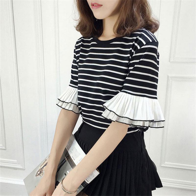 Women's Ruffle Striped T-shirt - Summer 2022, Korean Style, Casual Loose Fit