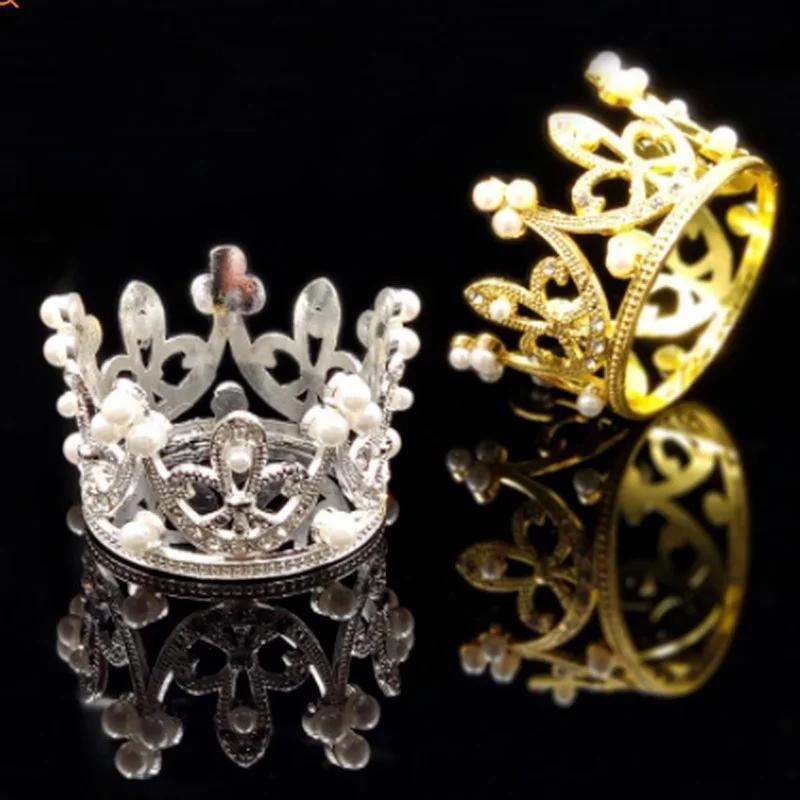 Creative Mini Crown Cake Topper With Metal Pearl Crystal Design For Wedding Engagement Party Decor Kids Birthday Cake Decoration