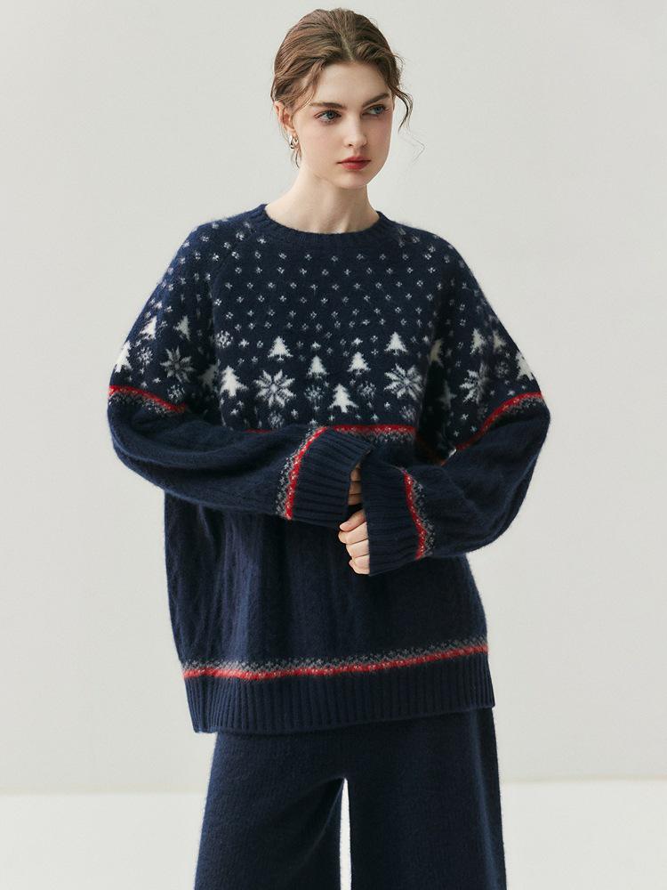 Women's Cashmere Snowflake Drop-Shoulder Sweater - Warm, Super Thick Crew Neck for Autumn/Winter