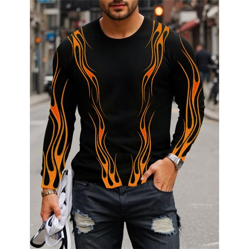 3D Printed Flame Scratch Pattern 3D Printed Autumn Men's Crew Neck T-Shirt Casual Long Sleeve Oversized Pullover Fashion Tops
