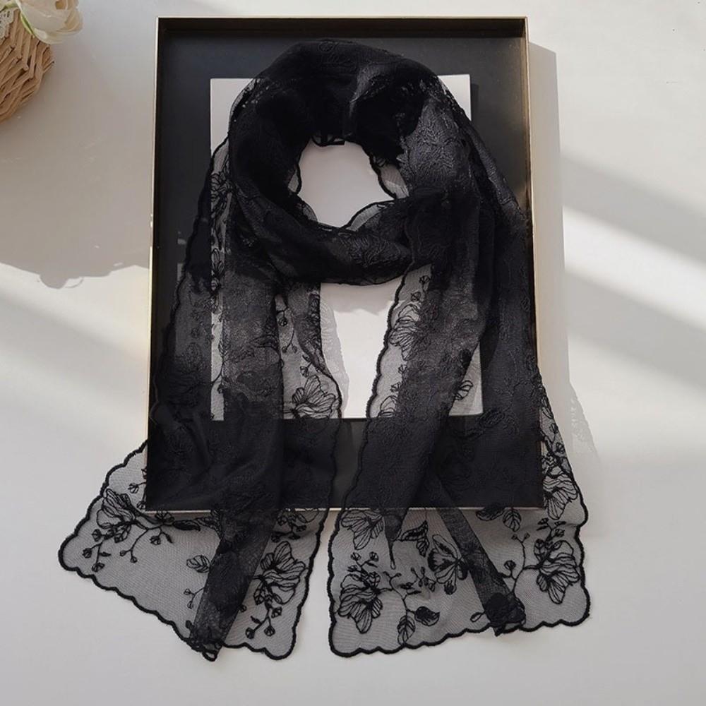 Versatile Retro Women's Lace Scarf Solid Color Korean Version Female Headscarf Long Embroidered Flower Sunscreen Shawl