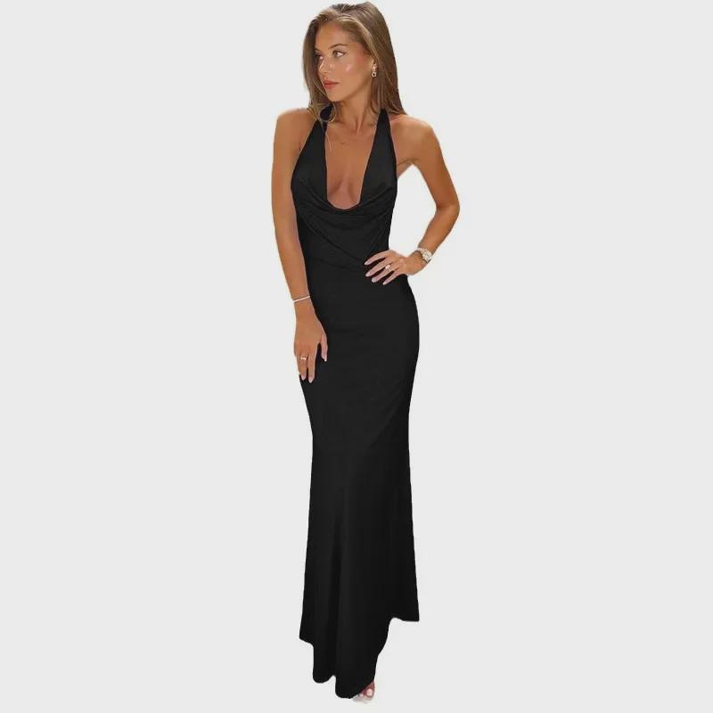 2025 Spring Women's Backless Halter Dress - Solid Color, Slim Fit