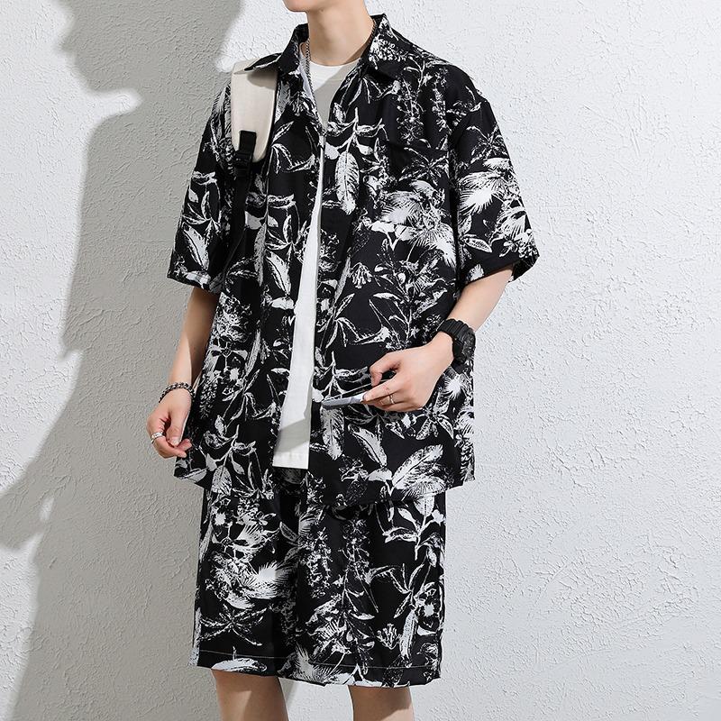 Hawaii Floral Men's Short Sleeve Loose Beach Shirt Set - Retro Hong Kong Style Trendy Cool Jacket