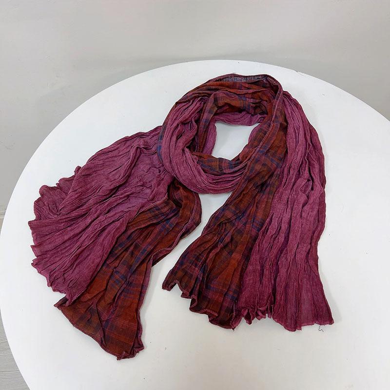 Johnature Cachecol Japonês Feminino Patchwork Vintage Cor de Destaque Elegante Quente Plissado Outono Inverno Cachecol Xale