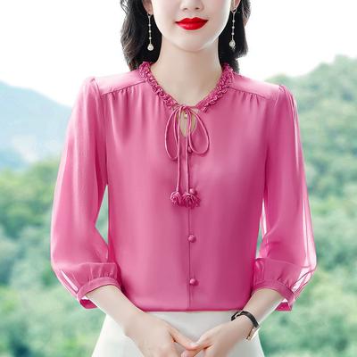 Driekwartmouw chiffon blouse voor dames zomer nieuwe stijl Westerse mode kortsluiting all-match top voor bovenkleding