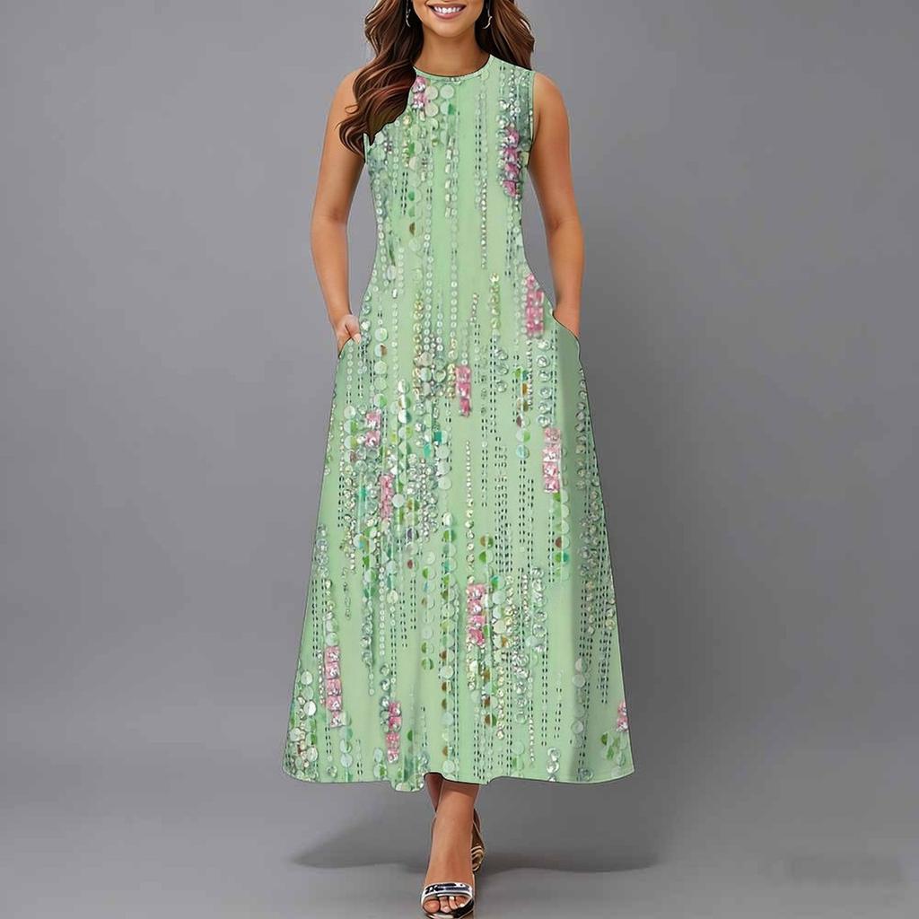 Ladies Plus Size Sleeveless Crew Neck Dress Distinct Floral Printed Loose Mid Length Dress