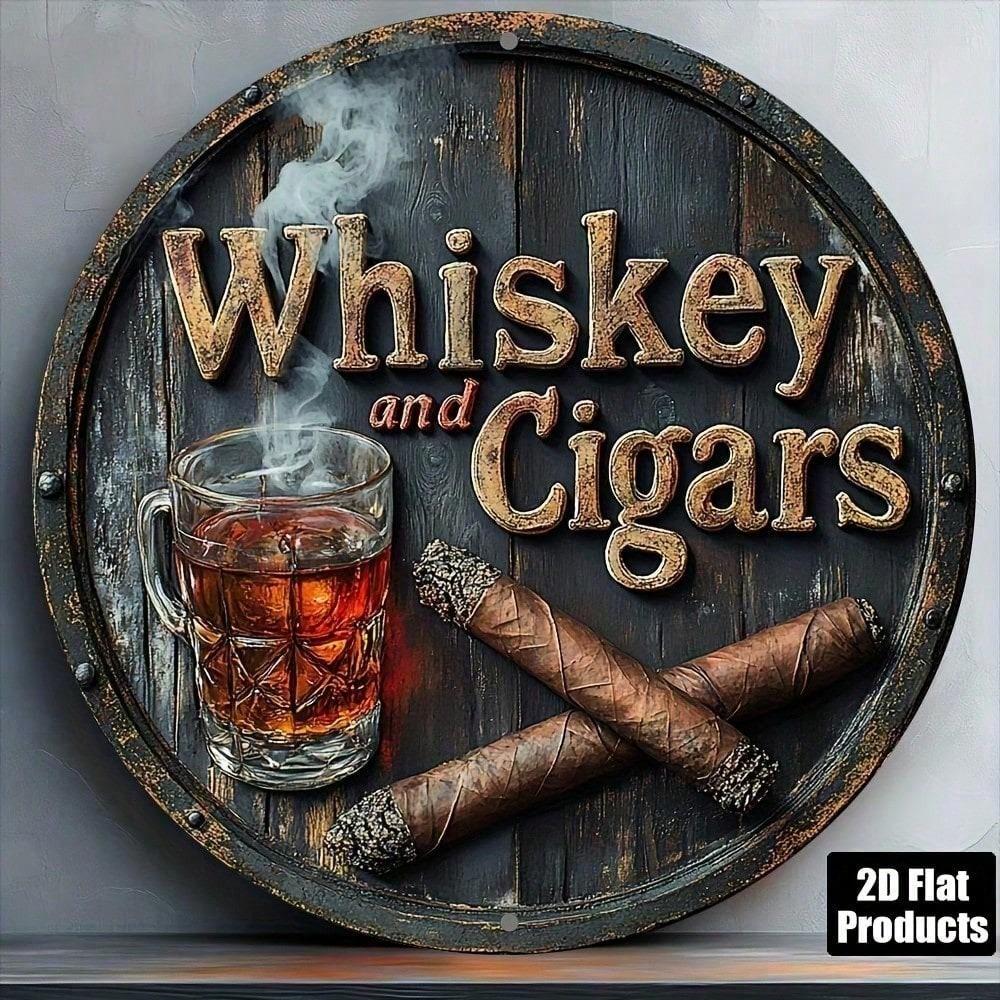 Metal Wall Art Poster, Flat Aluminum Sign, Whiskey Cigar Theme for Bar