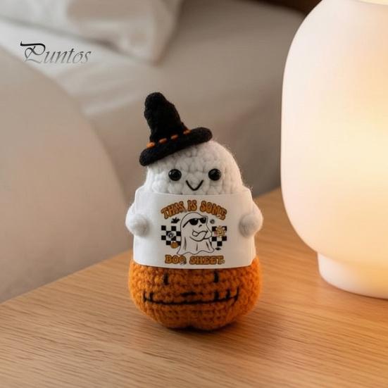 Portable Travel Friendly Charm Hand Knitted Halloween Ghost Ornament, Crochet Plush Doll with Whimsical Witch Hat Pumpkin Encouragement Card,