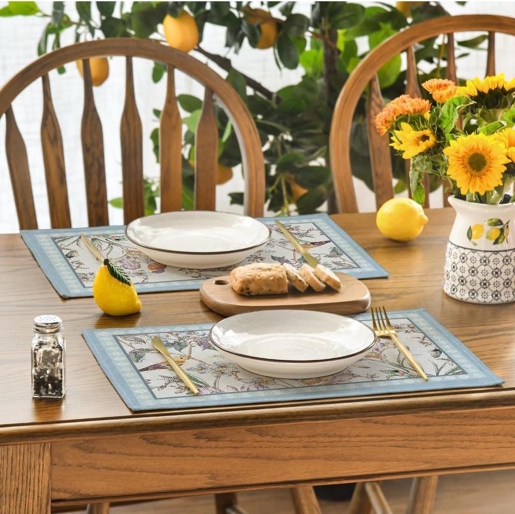 Set di 4 Sottopiatti Uccelli Blu Fiori in Fiore, 30x45 cm Tappetini da Tavola per Runner da Tavola Festa Cucina Sala da Pranzo Decorazione