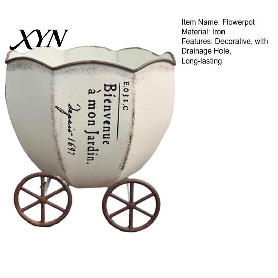 Decorative Flower Pot Retro Pumpkin Cart Planter, Metal Flowerpot with Drainage Hole, Stylish Indoor Planter Plant for Outdoor Home Garden Balcony