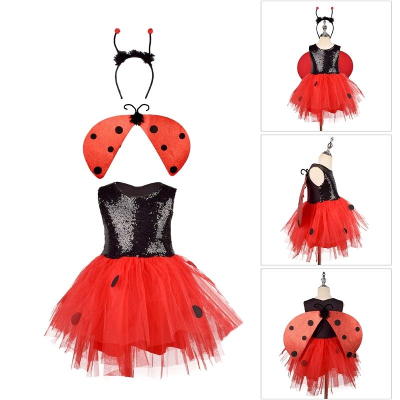 Children Ladybird Costume with Wing Headband and Dress Halloween Lady Bird Dress Up Outfits for Girl Halloween Cosplay