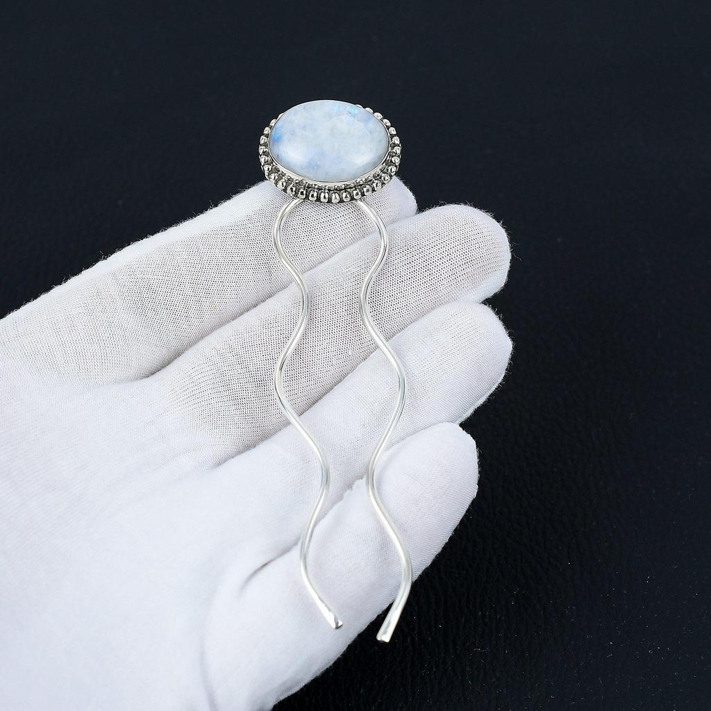 Moonstone Gemstone Handmade 925 Sterling Silver Hair Fork - Bridal Accessory, Hair Bun Holder for Thin and Thick Hair, Gifts For Her