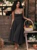 Elegant Strap Midi Dress With High Waist And Button Zipper For Teen Casual Wear