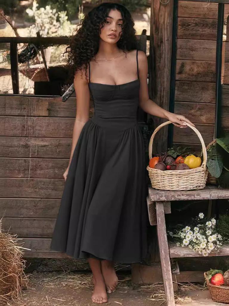Elegant Strap Midi Dress With High Waist And Button Zipper For Teen Casual Wear
