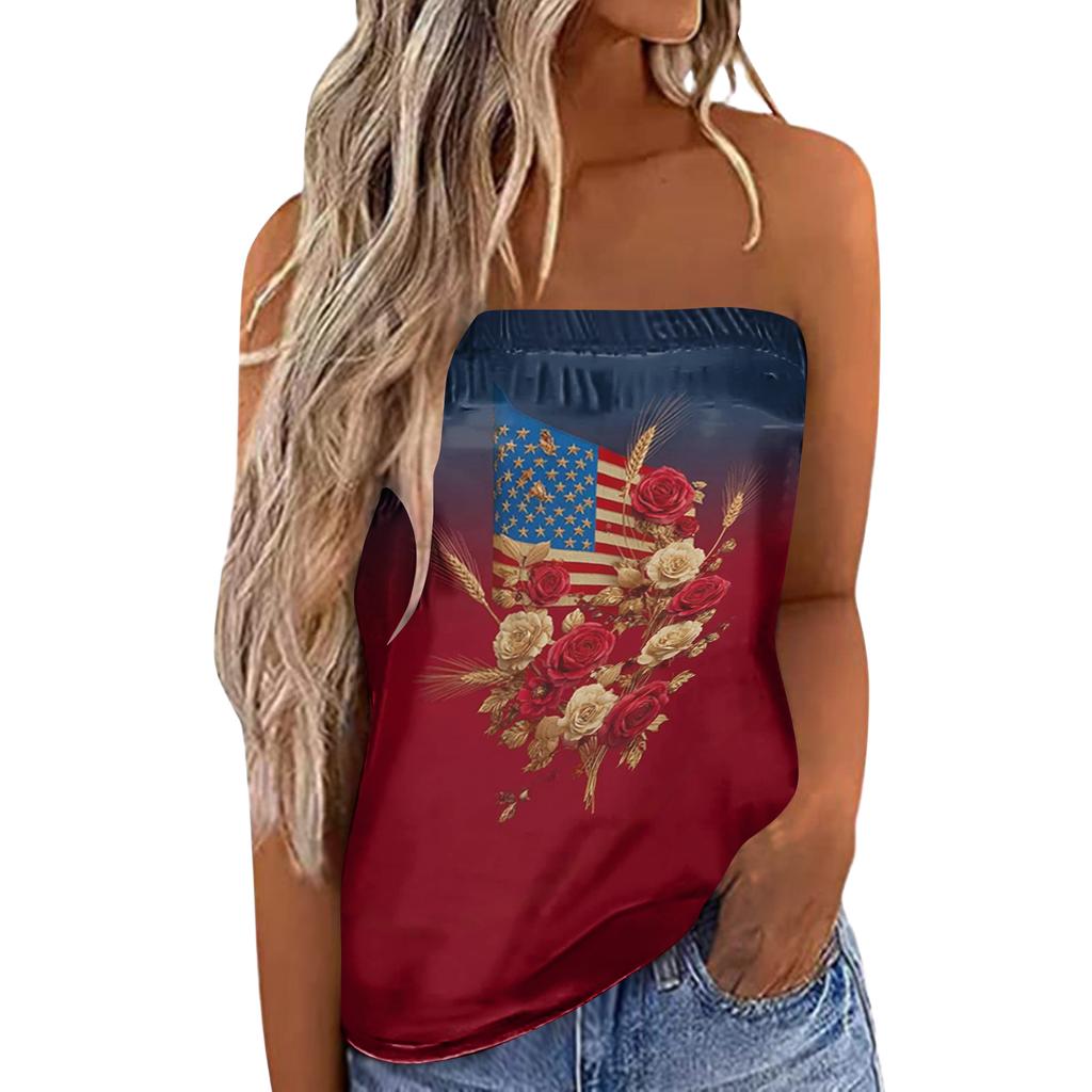 Women's Summer Sexy Strapless Off-Shoulder Elastic Band Design Independence Day Print Top