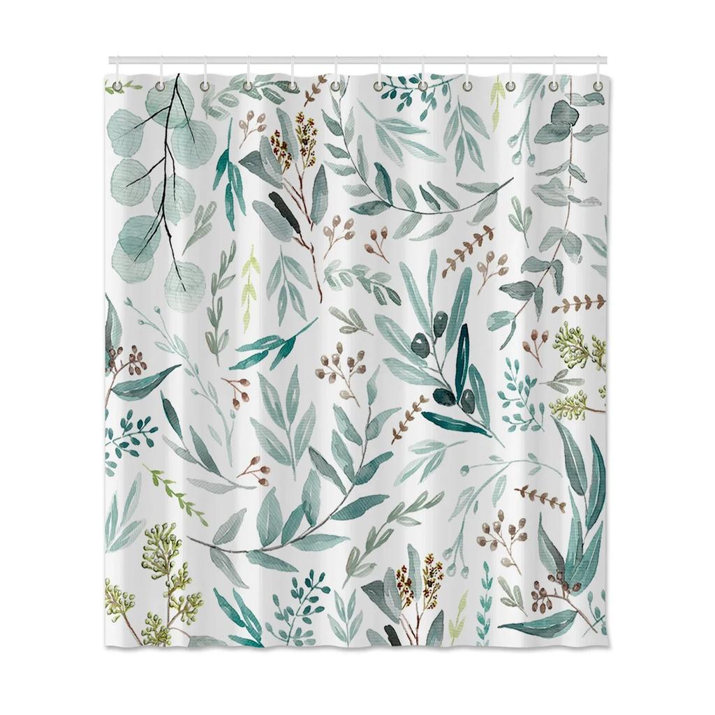 Flowers Leaves Printed Shower Curtain Waterproof Bathroom Shower Curtain With Hooks Polyester Fabric Bath Shower Curtain Decor